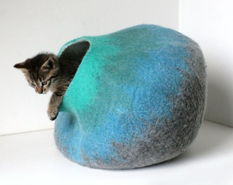 Cat Cave / Bed / House / Vessel - Hand Felted Wool - Gray to Turquoise Bubble - Crisp Contemporary Design