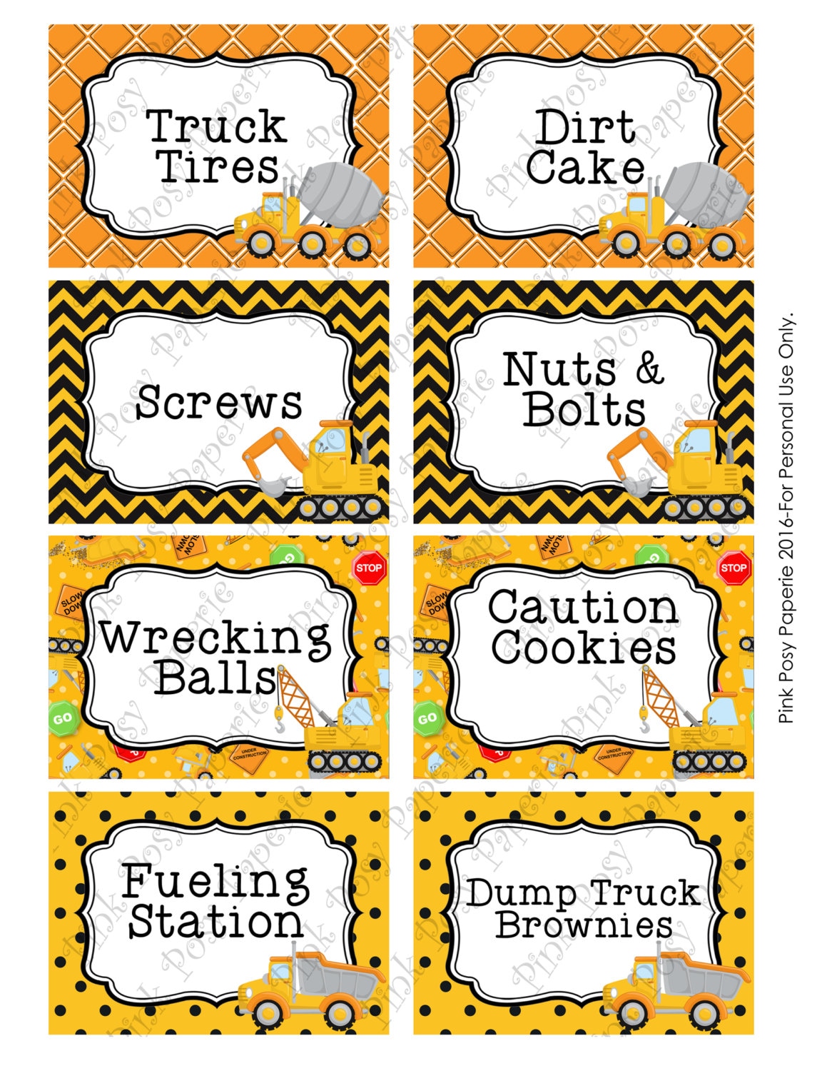 printable construction truck birthday food labels