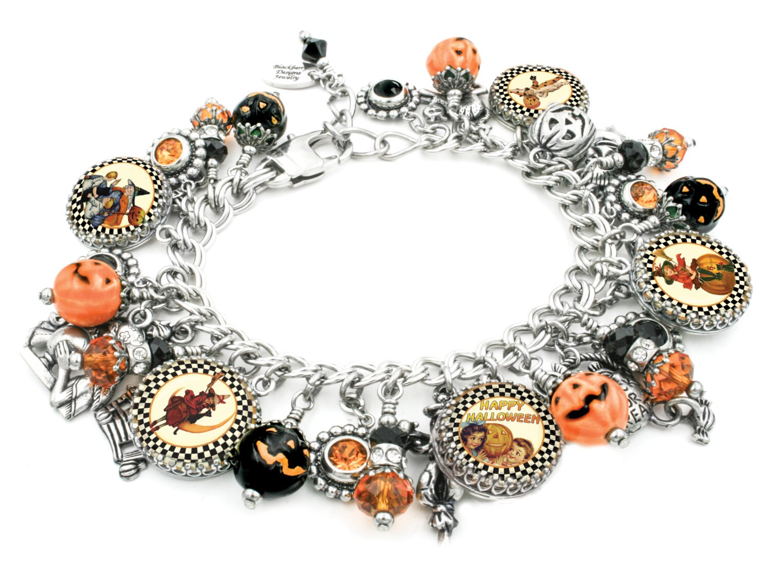 charm bracelet, halloween jewelry, pumpkin charm bracelet, halloween charm bracelet, orange and black jewelry, silver charm jewelry