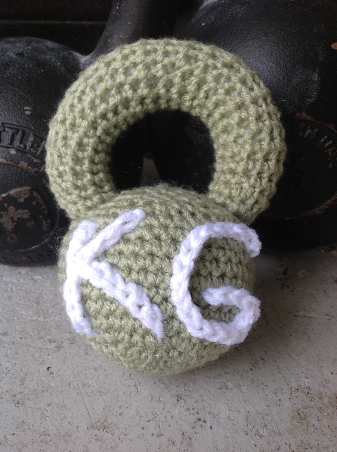 Kettlebell Crocheted Fitness Baby Rattle Toy Green by ellabelli