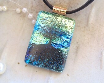 Tree of Life Dichroic Pendant, Necklace, Glass Jewelry, Blue, Gold, Necklace Included, A4