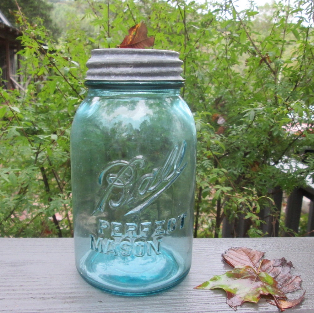 Vintage Blue Quart Mason Jar With Zinc Lid Rare 1930s Off