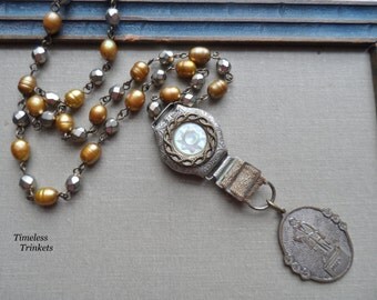Zarco, Antique Mother of Pearl Button Necklace with Freshwater Pearls, One of a Kind, Beautiful and Unique