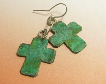 Verdigris Cross earrings, Metalsmith Rustic Earrings, Verdigris Earrings, Mixed Metal Earrings, Bronze Earrings, Green Patina Earrings