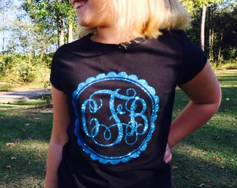 Girls Monogrammed Shirt - Fancy Script with Scalloped Boarder now available in white, pink, and black