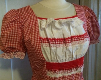 Vintage 60's Gingham Red & White Cotton Dress w/Lace, Swing Skirt Hand-Made, Farm Girl, Daisy May Size Small
