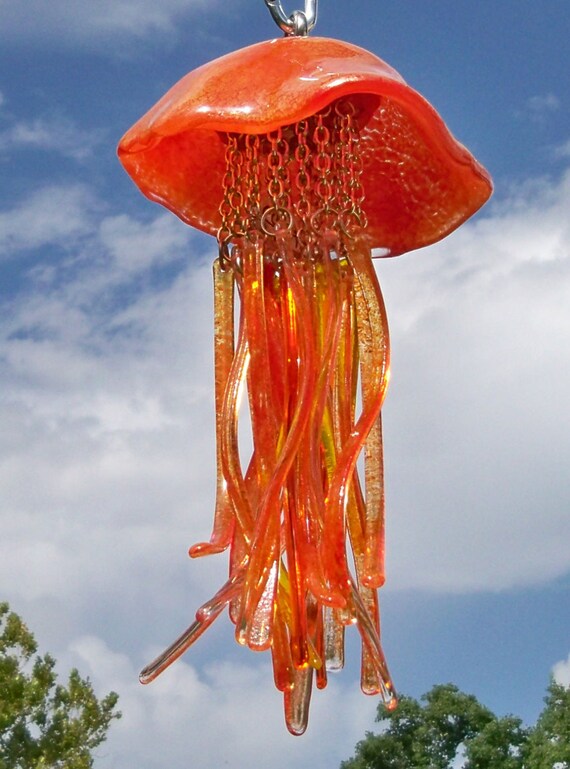 Jellyfish Fused Glass Windchime Firey Orange Crackles