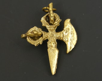 Cross with Dagger Pendant for Necklace Tribal Dimensional Antique Gold Brass Bronze Tibetan Vajra Dorje Charm |AN11-5|1