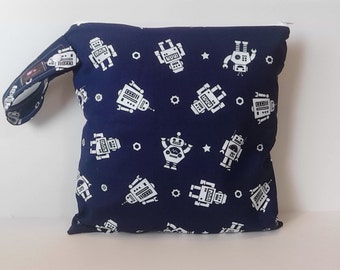 Wet Dry Bag, Wet Bag , Diaper Bag, Cloth Diaper Wet Bag, Gym Bag, Swim suit bag, Navy Robots