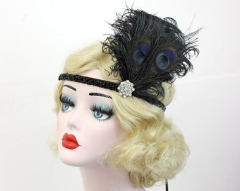 Black Flapper Headband, Great Gatsby Headpiece, Feather Fascinator, Peacock Feather Headband, Flapper Costume, High Fashion Headpiece
