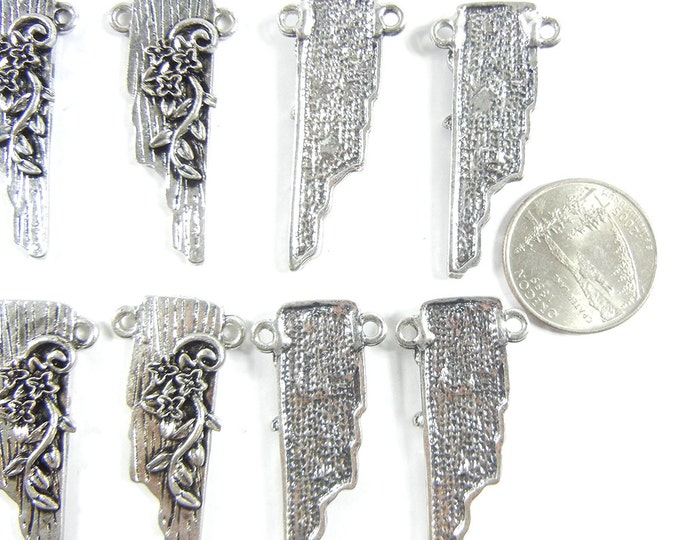 Set of 10 Long Floral Themed Double Link Charms Antique Silver-tone