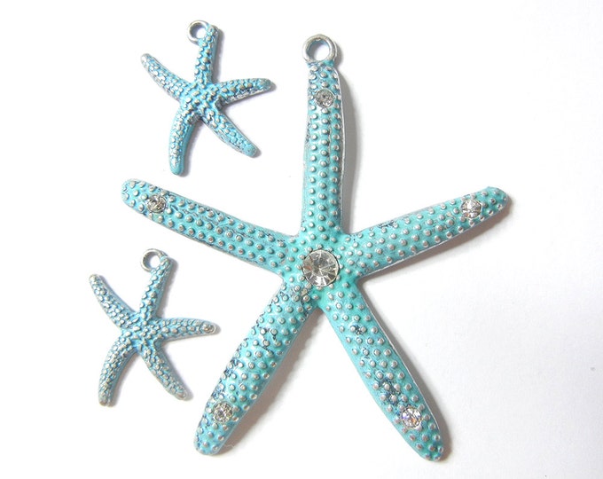 Set of Turquoise Blue Starfish Pendant and Charms Rhinestone Accents