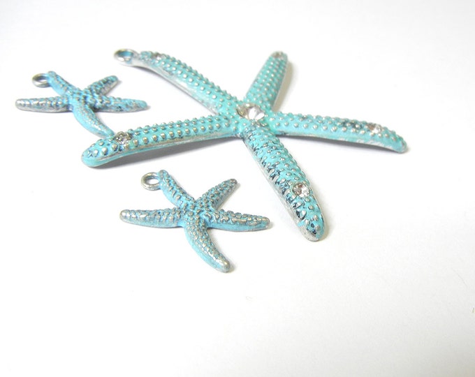 Set of Turquoise Blue Starfish Pendant and Charms Rhinestone Accents