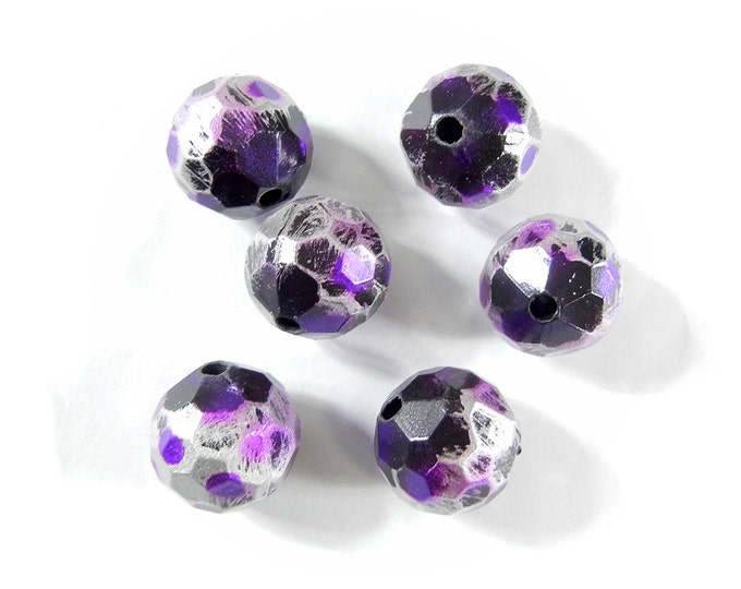 Set of 6 Large Faceted Metal Beads with Purple Black and Silver Color