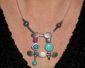 Statement Necklace, boho necklace, turquoise jewelry, metal jewelry, statement necklace, , asymmetric jewelry, boho jewelry