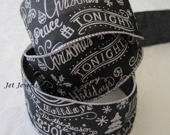 Black Christmas Ribbon, Black and White Ribbon, Script Ribbon, Merry Christmas Ribbon, Chalkboard Ribbon, Wire Edge 2.5 inch 5 Yards