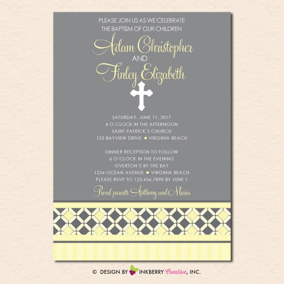 Yellow Diamond Band - Twins Baptism Invitation (Digital File OR Cardstock Printed Cards Also Available) Il_570xn