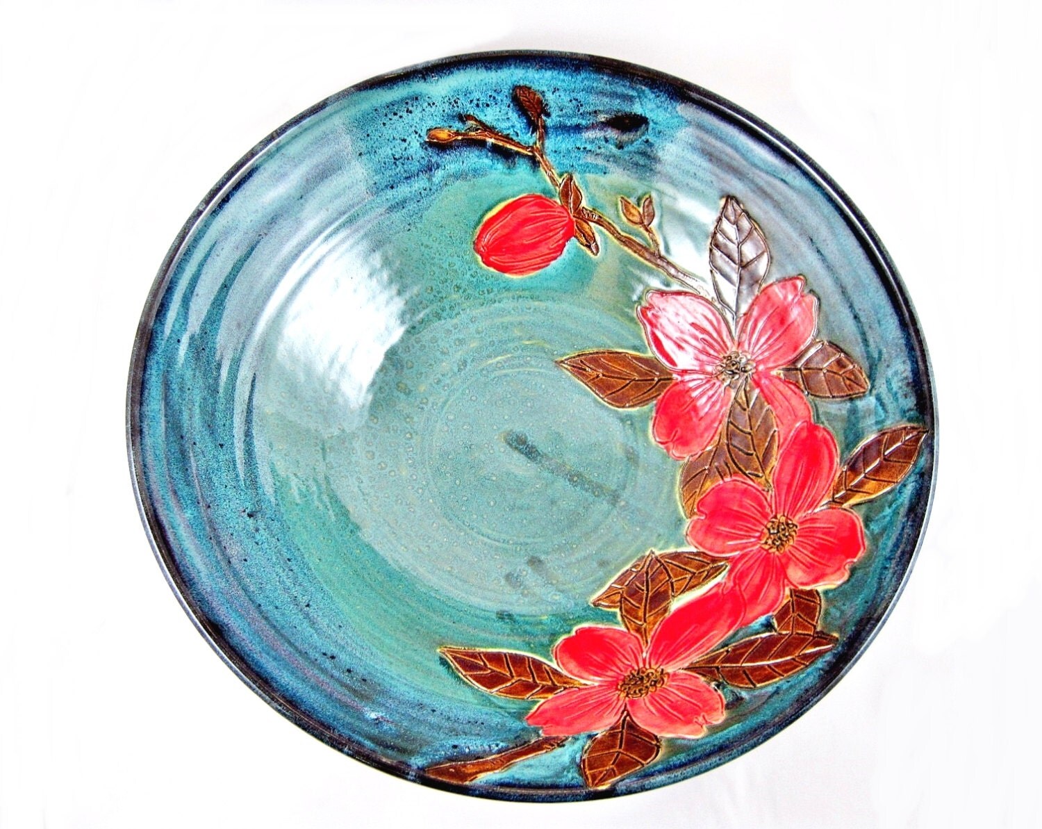 Large Pottery serving bowl handmade teal blue by Ningswonderworld