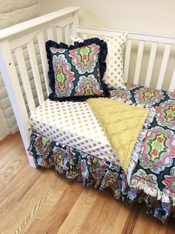 Girl Bohemian Crib/Toddler Bedding Set includes 3 Tier Ruffle Skirt
