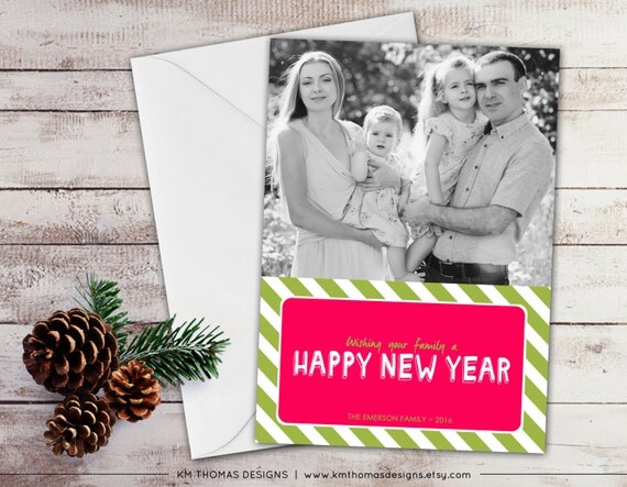 Photo New Year Card - Printable Holiday Photo Card - Photo Christmas Card - Peppermint Stripes - Candy Cane Stripes - Lime Pink - WH114 Il_570xn