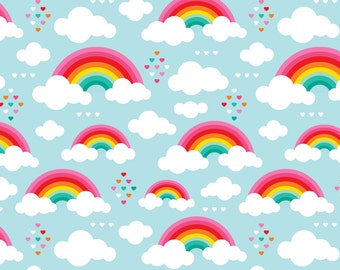 Rainbow Fabric - Cloudy Blue Sky Rainbow Dreams By Littlesmilemakers - Rainbow Cotton Fabric By The Yard With Spoonflower