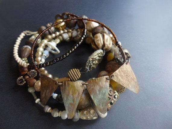 Pandemonism. Assemblage bangle stack, bracelet set in earthy neutrals.