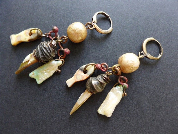 Gifts from the Sea. Pearly fish rustic assemblage earrings. 