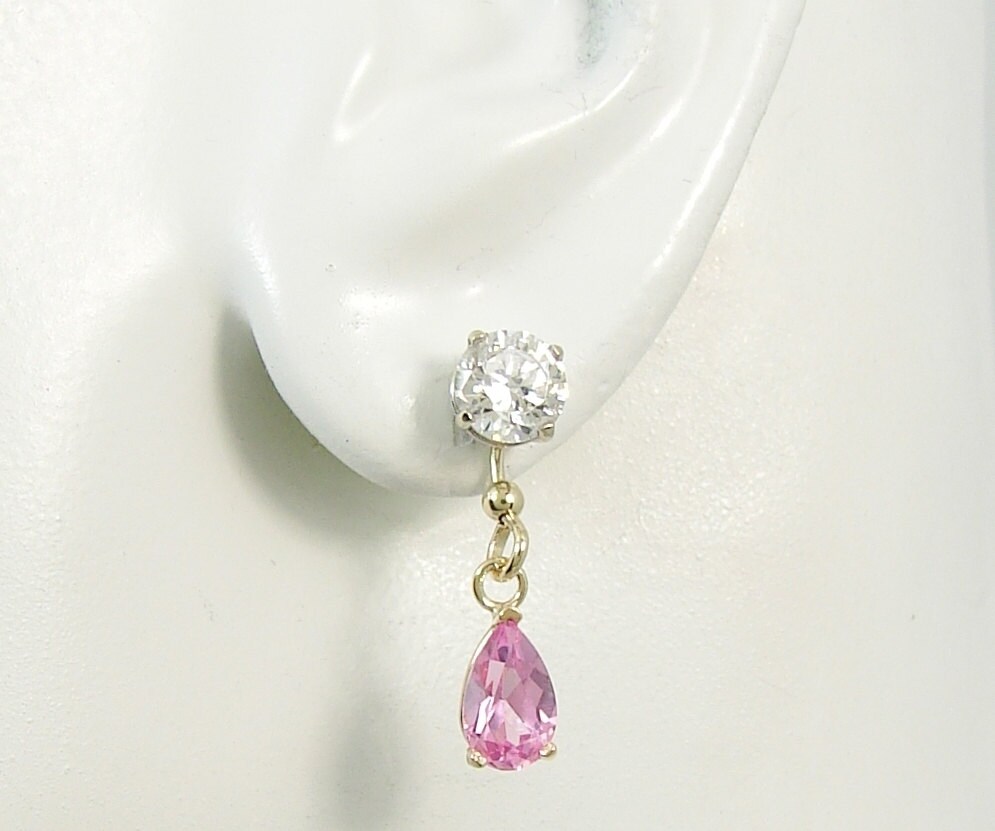 Earring Jackets 14K Gold Dangle Pear Pink Topaz Diamond Jacket