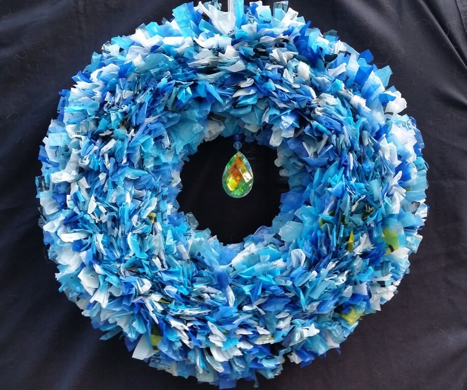 Recycled Plastic Bag Wreath Blue Crystal