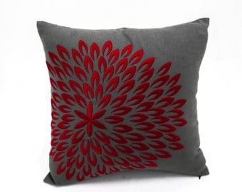 Red Floral Decorative Throw Pillow Cover, Dark Grey Linen Red Flower Embroidery, Holiday decors, Christmas Pillow, Red Cushion Cover