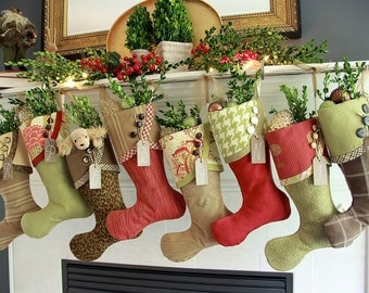 Christmas Stockings - Winter Berry Charm - Greens & Browns with Cheery Red Accents