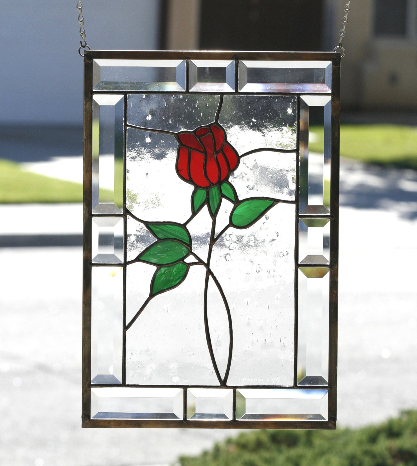 Red Rose Contemporary Stained Glass Window Panel American