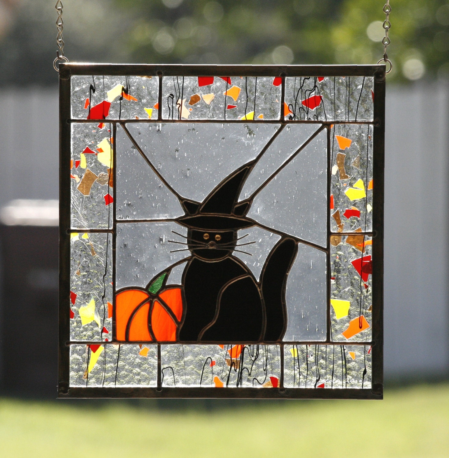 HALLOWEEN CAT-Stained Glass Window Panel with by gallerydelsol