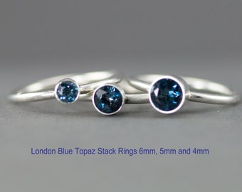 London Blue Topaz Ring - Sterling Blue Topaz Stacking Rings - 6mm 5mm or 4mm Choices