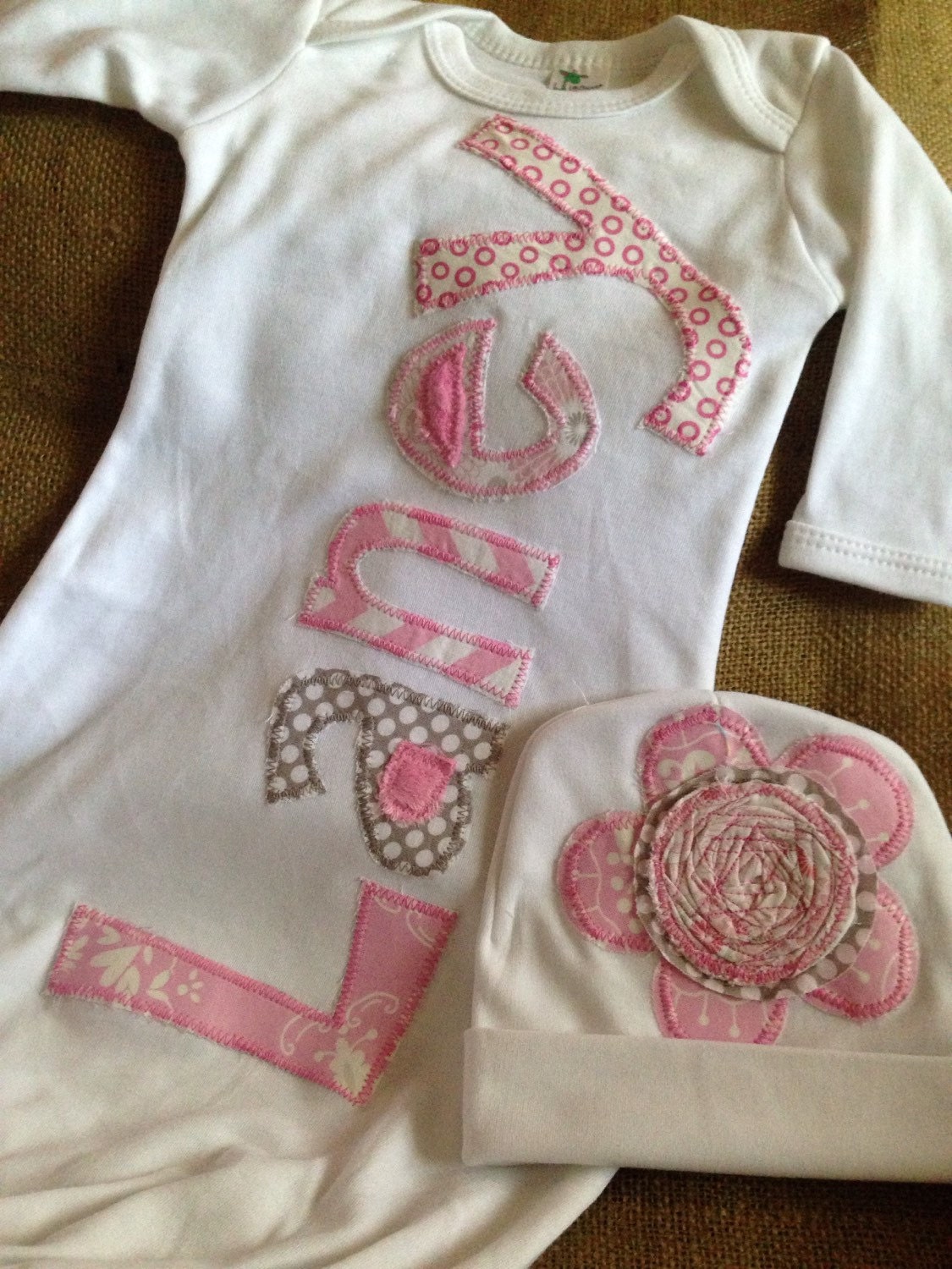 Personalized baby gown and hat by craftycheetah on Etsy