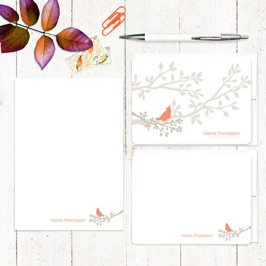 complete personalized stationery set - BIRD ON BRANCH - personalized stationary set - note cards - notepad - choose colors