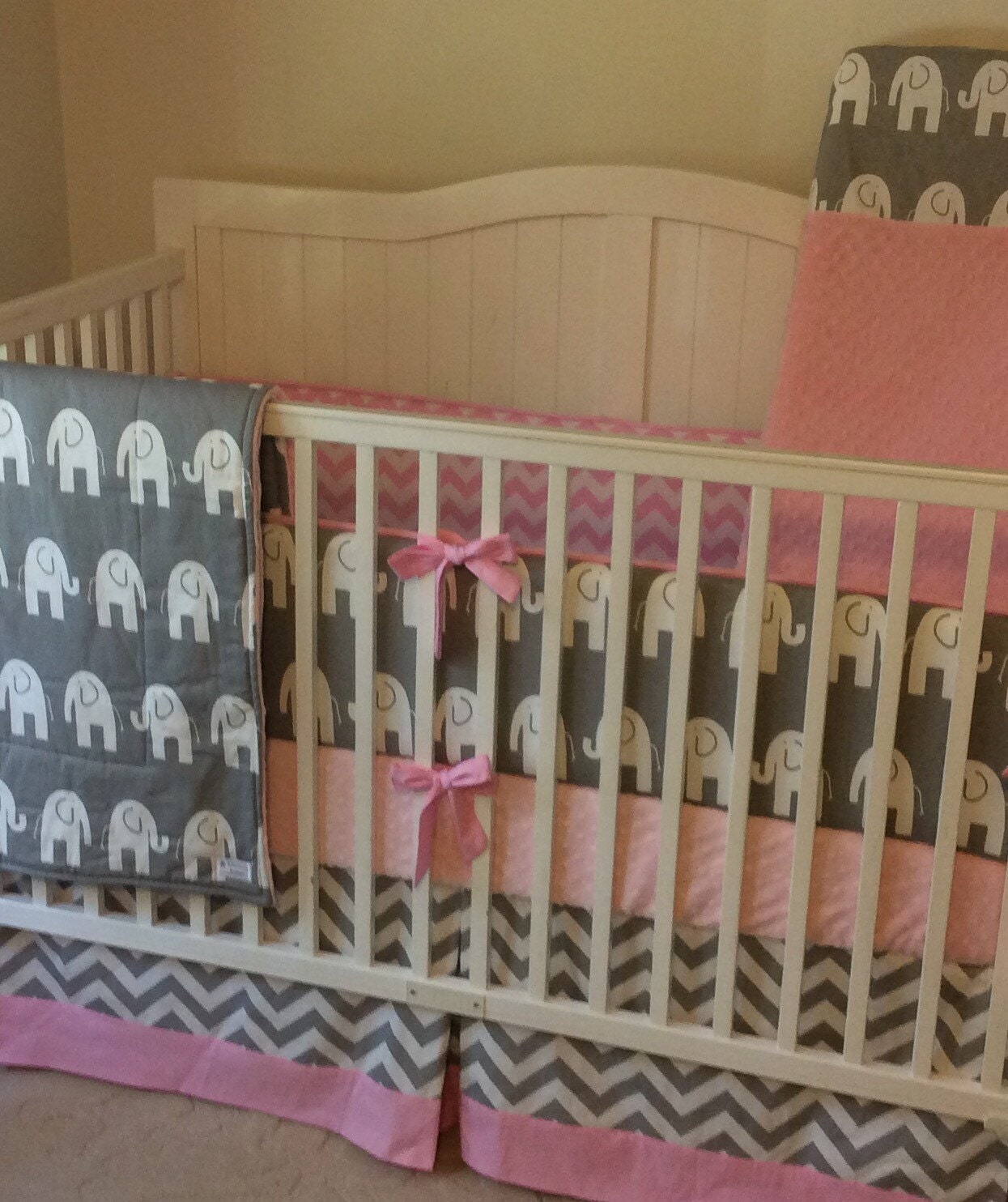Baby Pink and Gray Elephant Crib Bedding by butterbeansboutique