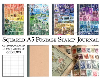 Graph Grid Travel Journal | Custom A5 travelers notebook TN Insert | Colourful Upcycled Postage Stamp Art | Bohemian Mail Art Philately Gift