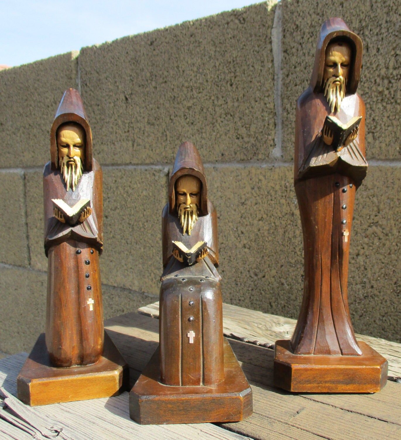 Vintage Monk Primitive Wood Carving Figurines Hand Carved