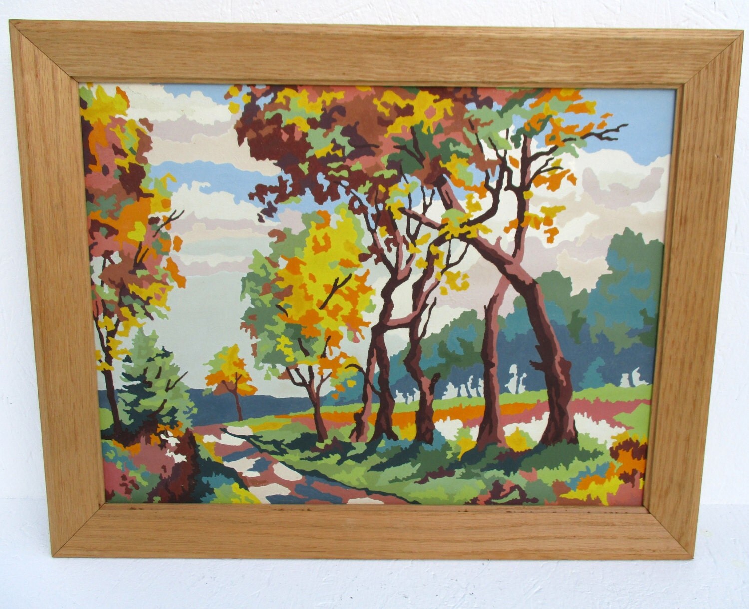 Vintage Framed Paint by Number Fall Autumn Painting Mid