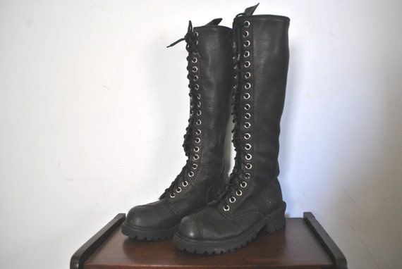 Black Leather Combat Boots / lace up / tall knee high / size