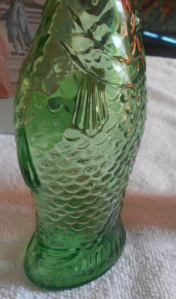 Vintage Green Glass Fish Wine Bottle Figural Bottle