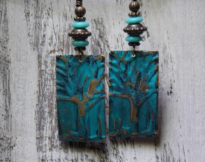 Tree Earrings Brass Woodland Earthy Turquoise Embossed Stamped Colored Rustic Czech Glass Dangle Long Boho Bohemian Drop Earrings