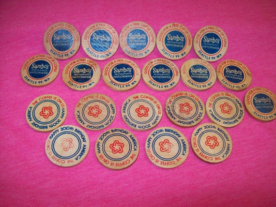 Sambo's+Diner ... WA Wooden Nickle / 70s USA Bicentennial Round Tuit Diner Advertising