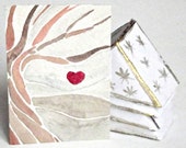 watercolor aceo red heart modern tree small painting
