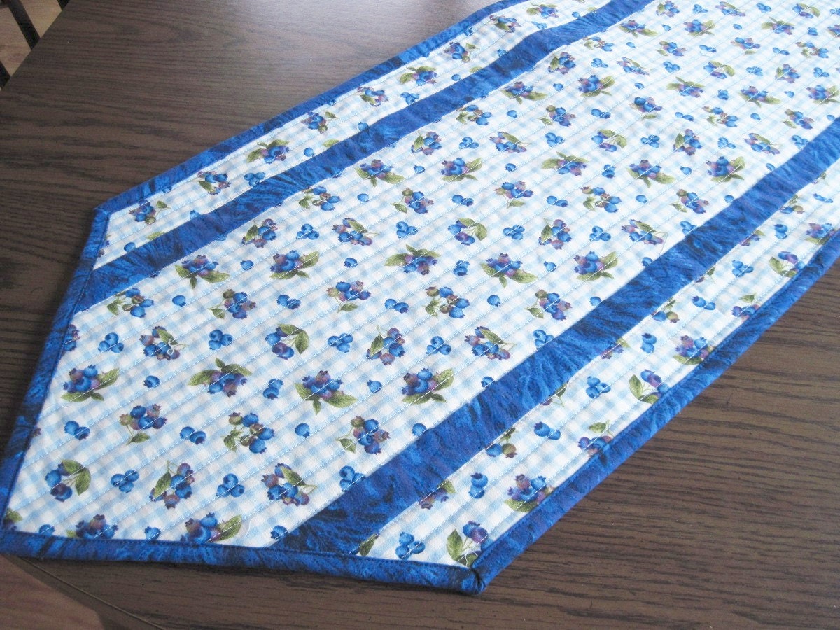Quilted table runner blue and white gingham check with