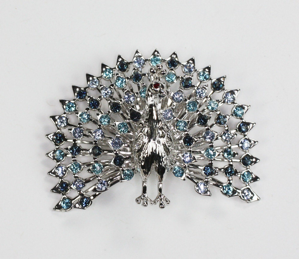 Rhinestone Peacock Brooch Silver Tone Light And By Pastsplendors 2763