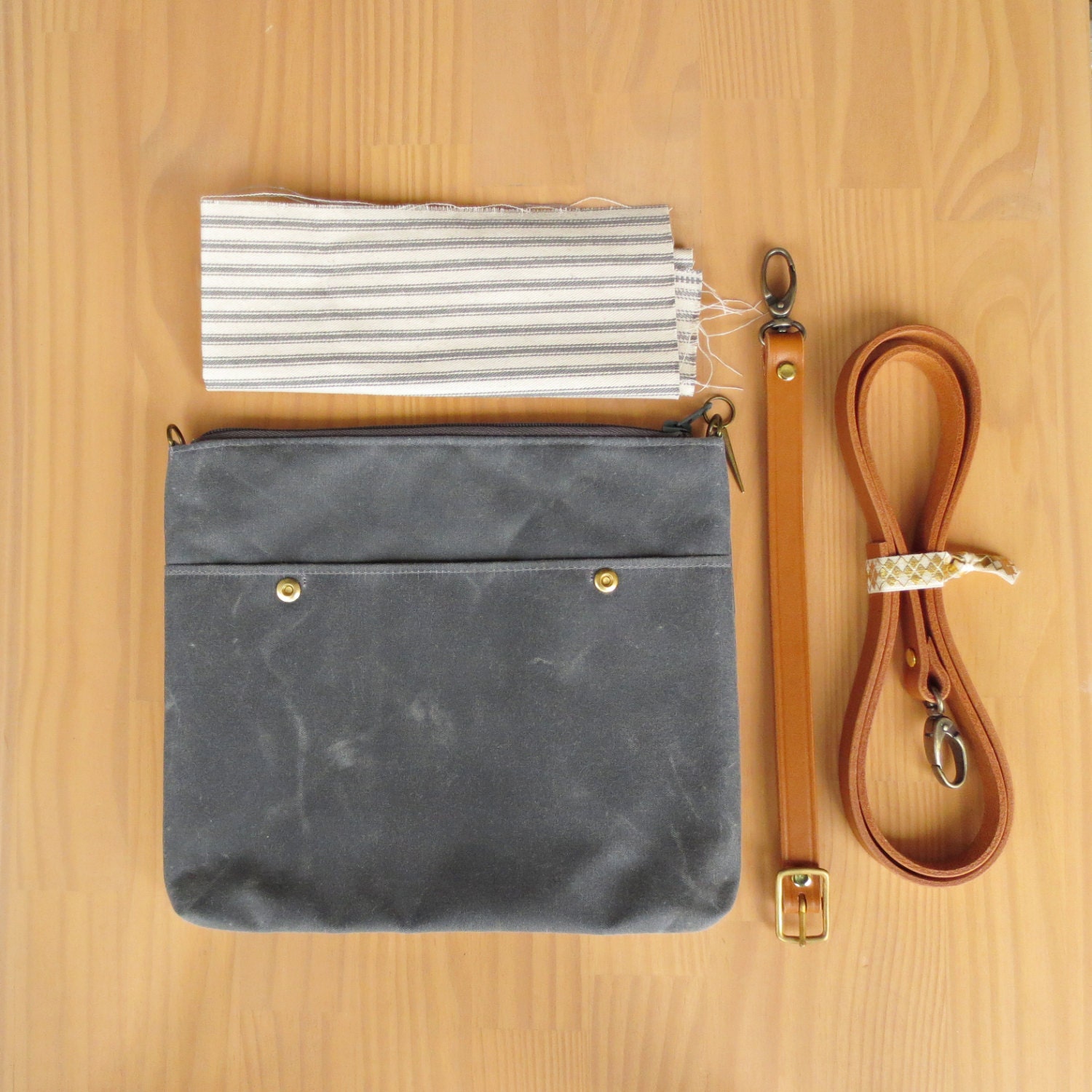 Waxed Canvas Crossbody Bag in Grey with Vintage Style Ticking