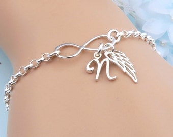 Wing Bracelet, Personalized Infinity Bracelet, charm bracelet, sterling silver, remembrance jewelry, angel wing, initial bracelet