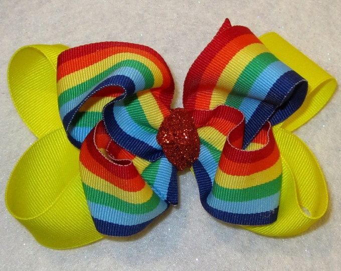 Girls Hairbows, Boutique Hair Bow, Rainbow Hairbow, Glitter Bows, Baby Hair Bow, Toddler girls Bows, Yellow Bow, Striped hairbow, Cheer Bow